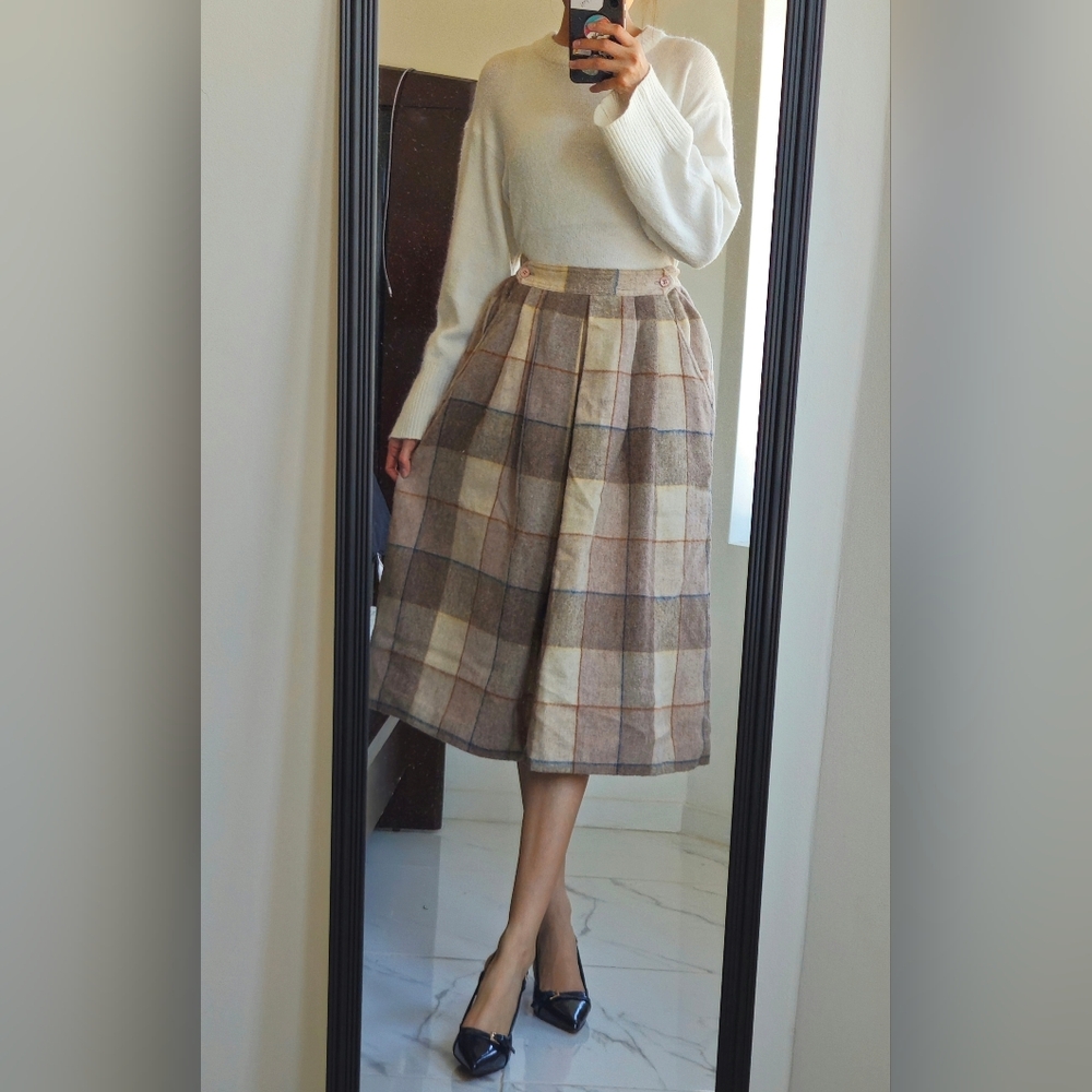 Vintage Plaid Wool Midi Skirt